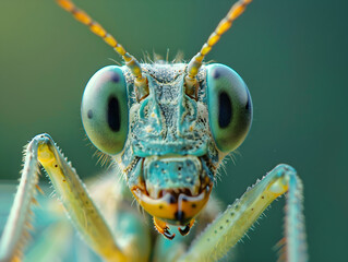 Macro Close-Up of Praying Mantis with Detailed Compound Eyes and Textured Exoskeleton in Green Hues and Blue Tints, Highlighting Antennae and Minute Patterns Against Gradient Green Background