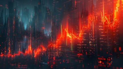 Stock market crash depicted with falling red line, cyberpunk, dark tones