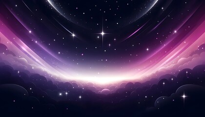 Obraz premium Illustration of a majestic starry night sky with glowing horizon, featuring sparkling stars and ethereal clouds in purple hues.