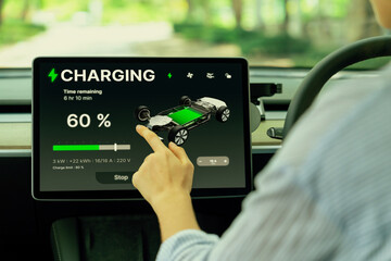 Young woman inside the vehicle, checking EV vehicle's application on battery recharging electricity...