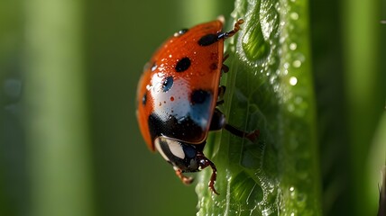 A vibrant ladybird, its red and black shell glistening in the early morning light, slowly making its way across a lush green leaf, its tiny legs leaving delicate imprints in the dewy surface.