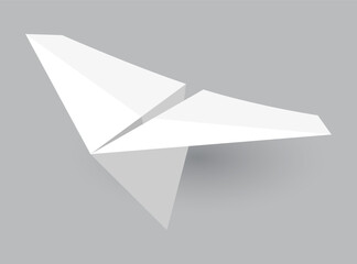 Paper plane model. Origami handmade aircraft view. Vector white paper airplane with shadow, isolated on gray background