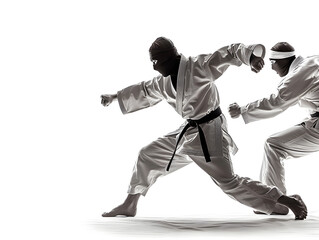 Naklejka premium High-Level Martial Artists in Dynamic Combat: Traditional Karate Gi and Black Belts, Ninja-Inspired Headgear, Intense Practice Scene Capturing Precision and Skill