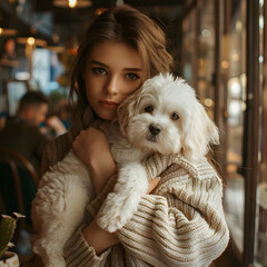 Friendship between dog and woman. Portrait of beautiful young girl holding her dog in hands. Cute little white dog in arms of loving owner.