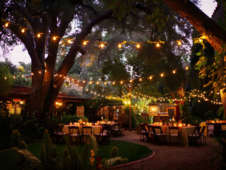 Serene Outdoor Evening Garden Event with Fairy Lights, Elegant Tables, Romantic Candlelit Centerpieces, and Rustic Gravel Path in Cozy, Lush Setting with Quaint Wooden Structure in Background