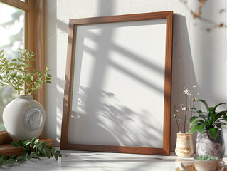 Empty frame on minimalist mahogany wooden desk, furniture, interior design