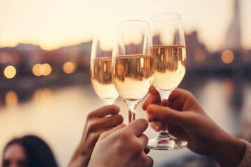 a group of friends caucasian hands toasting champagne glasses for valentine with a city background, a celebration or engagement concept