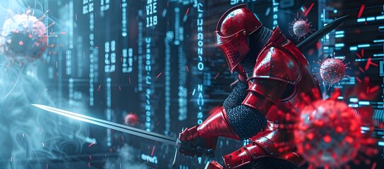 Full body image of a knight in red armor fighting with a sword. with colored firmware viruses that gradually invade software systems of computer