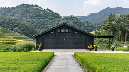 a black wood garage nestled amidst the picturesque rice fields of South Korea, featuring a gable roof and side door, surrounded by lush greenery, with ample open space nearby for parking cars.