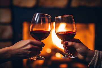two people hands toasting with red wine glasses during a party at home with a fireplace background at night, a happy celebration concept
