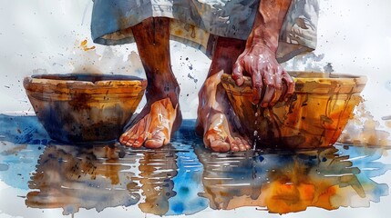 Jesus Washing Disciples' Feet - Digital Watercolor Painting of Maundy Thursday Scene from New Testament, Spiritual Christian Artwork, AI Generated 4K Wallpaper