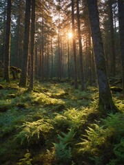 Sunlight pierces through tall, dense trees illuminating lush, green ferns below in serene forest. Golden rays create magical atmosphere, highlighting intricate details of ferns.