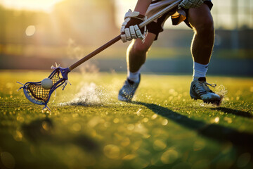 Close-up action shot of lacrosse player scooping ball during a dynamic game at sunset with focus on lacrosse stick and ball