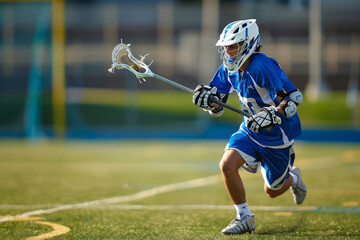 Focused lacrosse player in blue uniform sprints across the field, skillfully maneuvering the stick and ball during a competitive game
