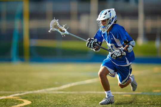 Focused lacrosse player in blue uniform sprints across the field, skillfully maneuvering the stick and ball during a competitive game