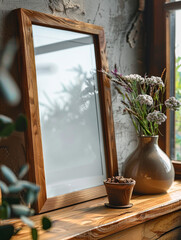 Empty frame on minimalist mahogany wooden desk, furniture, interior design