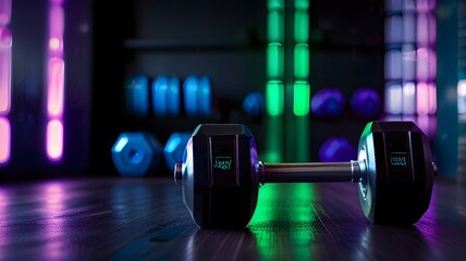 "Transform your workout with our AI-generated images of weighted dumbbells, set against a stunning background of purple and green lighting. Watch as the bokeh water splash adds a touch of magic to you