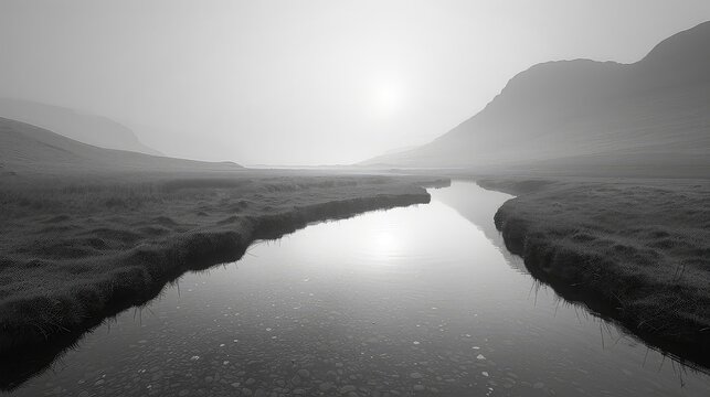 Dawns first light on Highland Plateau flat design front view new days glow theme water color Black and White