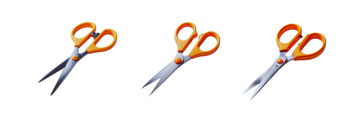 Set of three A pair of scissors, isolated over on transparent white background