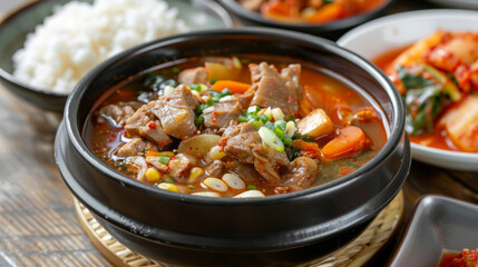 Authentic korean beef stew served in a black bowl with rice and side dishes on a wooden table, showcasing vibrant cuisine