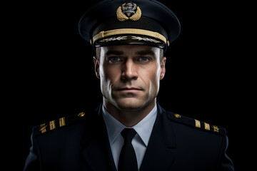 An adult Caucasian male captain isolated with a black background wearing a military captain pilot costume