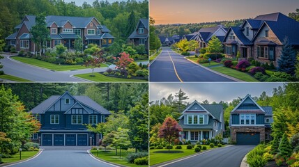 Four different pictures of houses in a neighborhood with trees, AI