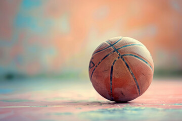 Old, weathered basketball sits on a vibrantly painted court, evoking nostalgia and sports spirit in a tranquil setting