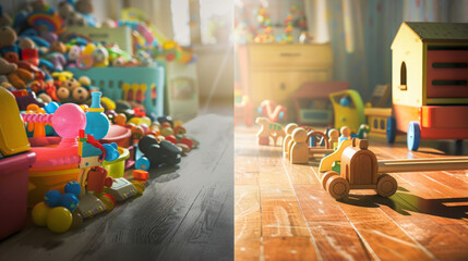 Naklejka premium award winning photography, billboard advertisement, Plastic Toy Clutter vs Wooden Toy On the left, a child?s room is cluttered with bright plastic toys under the harsh, artificial