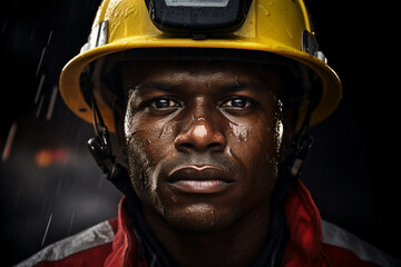 A close up of the face of a South-Africandirty male firefighter wearing a firefighter costume and helmet an isolated shot with rain