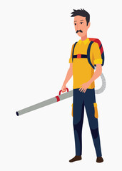 Professional gardener working on backyard in autumn. Male handyman cleaning ground and collecting leaves with garden vacuum. Colored flat vector illustration of professional worker