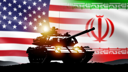 Naklejka premium Tank for military action. Flags of USA and Iran. Armed confrontation between two countries. Tank for protecting territory. Confrontation between USA and Iran. Combat conflict risk concept. 3d image