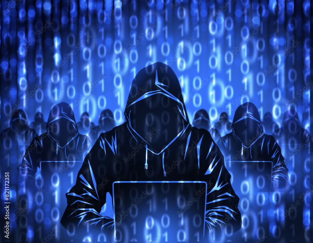 Poster group hackers. cyber criminals with laptops. hacker background. silhouettes internet scammers. cyber
