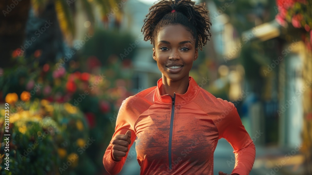 Poster a woman in an orange shirt running down a street, ai