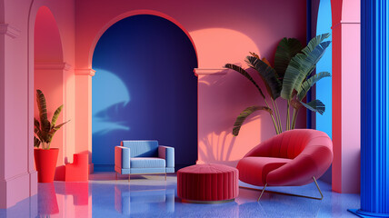 3d rendering  room Pantone Color trend , stylish , color  blocking, simplicity,  with space  area  , monochrome flat  color,  furnitures, 3d Rendering, mock-up
