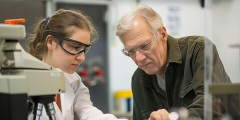 Obraz premium Senior male scientist mentoring a young female student in a laboratory