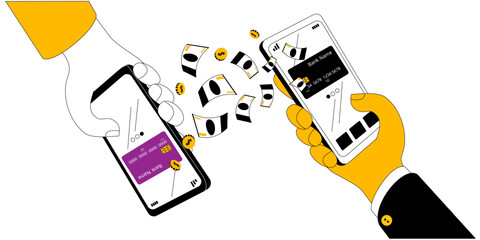 Hands with mobile phones transfer money from card to card. Illustration on the topic of quick transfers by phone number. Horizontal banner.