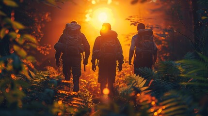 Naklejka premium Three people with backpacks walking through a forest at sunset, AI