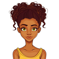 african girl with brown hair . Clipart PNG image . Transparent background . Cartoon vector style