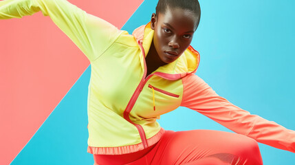 A woman wearing neon yellow and orange activewear strikes athletic pose against vibrant geometric backdrop. Her intense expression and energetic stance emphasize strength