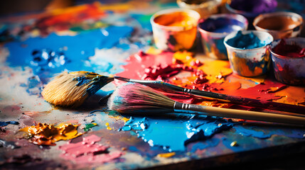 Paint brushes and palette with colorful paints on wooden table