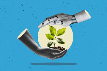 Flat art design. Robot hand and human hand holding a young plant against green sunny forest...