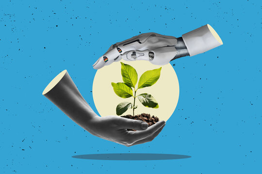 Flat art design. Robot hand and human hand holding a young plant against green sunny forest background. Sustainable development in the field of agriculture and artificial intelligence.