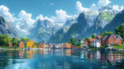 Fjord with fishing village flat design front view coastal life theme cartoon drawing Splitcomplementary color scheme