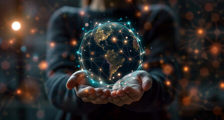 A digital globe surrounded glowing connections, held hands symbolizing global connectivity and the internet's impact on world cultures