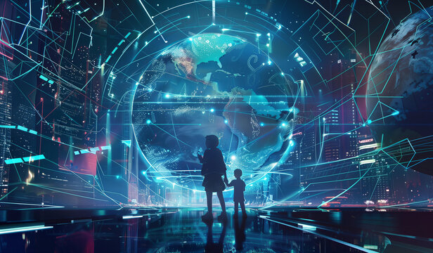 family stands in the center of an advanced digital globe, surrounded by glowing lines and holographic projections depicting global data connections