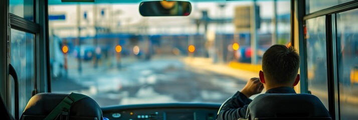 View from the inside of a bus with the back of a passenger's head and the city street ahead