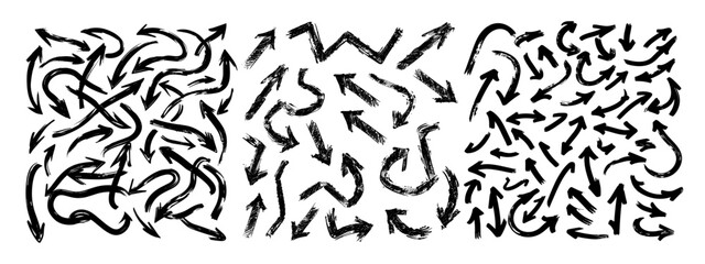 Chaotic arrows ink sketch vector set. Doodle tangled grunge complex direction knot route curved path indication black pointer, concepts isolated on white background