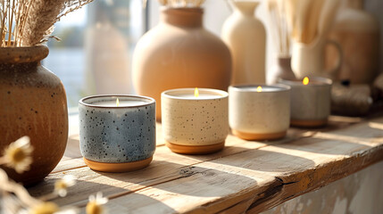 Small boho-style candles placed next to the window. Candles placed in stone cases
