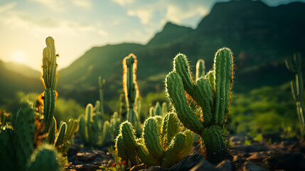 Cactuses growing on rocky slopes of ravine on Tenerife - Powered by Adobe
