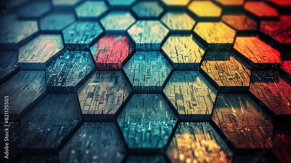 Wall mural colorful, futuristic hexagonal digital pattern with water drops